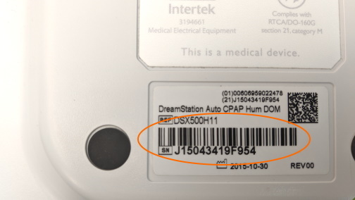 Location of Device Serial Number on a DreamStation device.